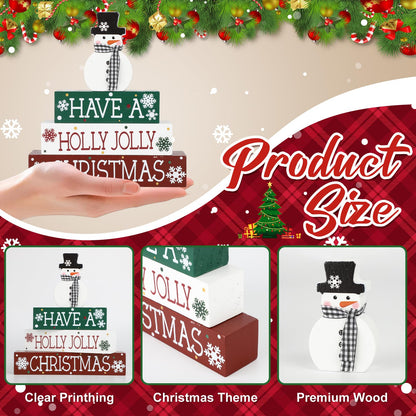 4 Pcs Christmas Decorations Indoor Wooden Snowman Table Sign Decor Table Centerpieces Xmas Merry Christmas Tabletop Block for Holiday Office Desk Tiered Tray Party Shelf Decor Farmhouse Winter
