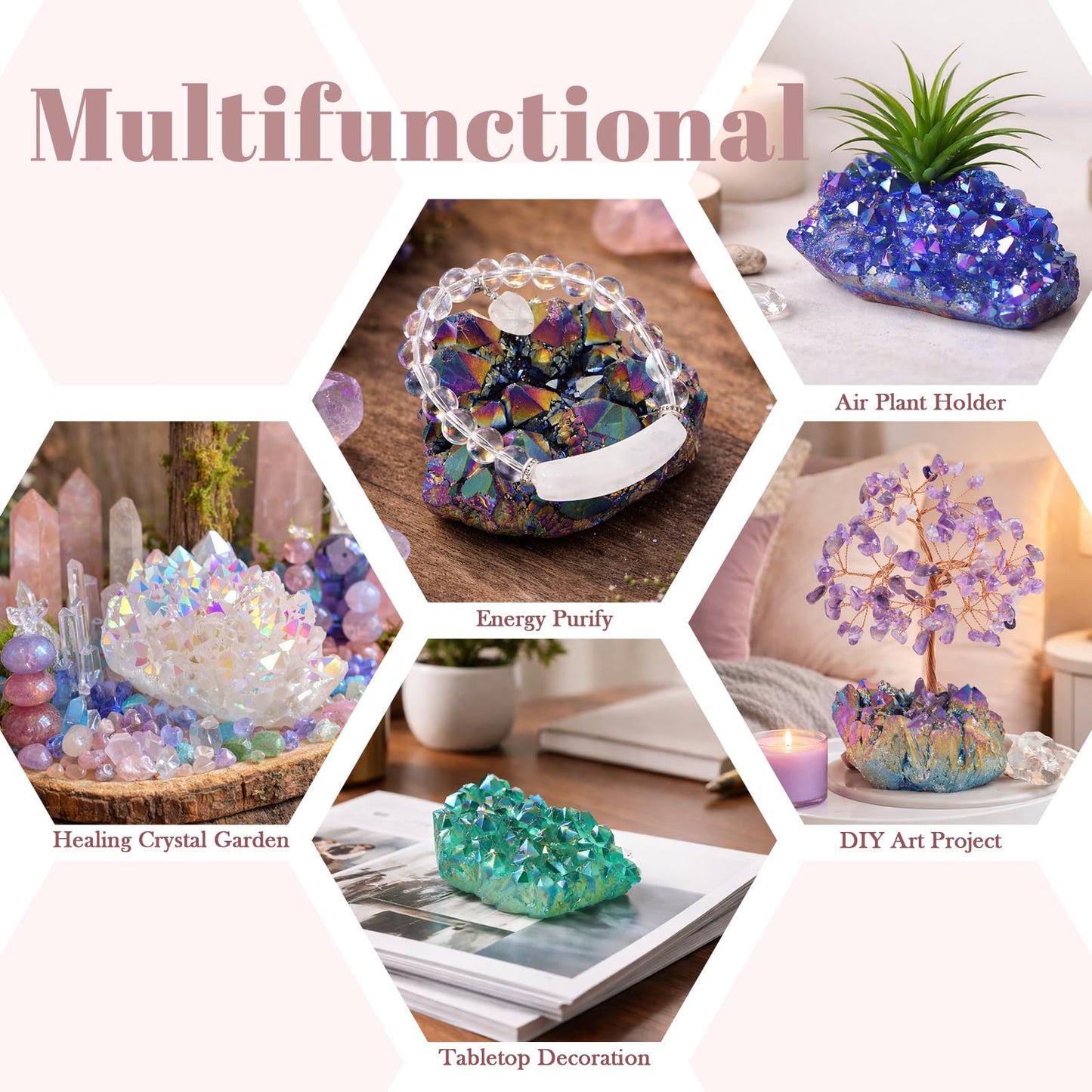 Nupuyai Titanium Coated Irregular Quartz Crystal Cluster Decor for Home Office Natural Druzy Rock Crystal Stone Specimen, Light Purple