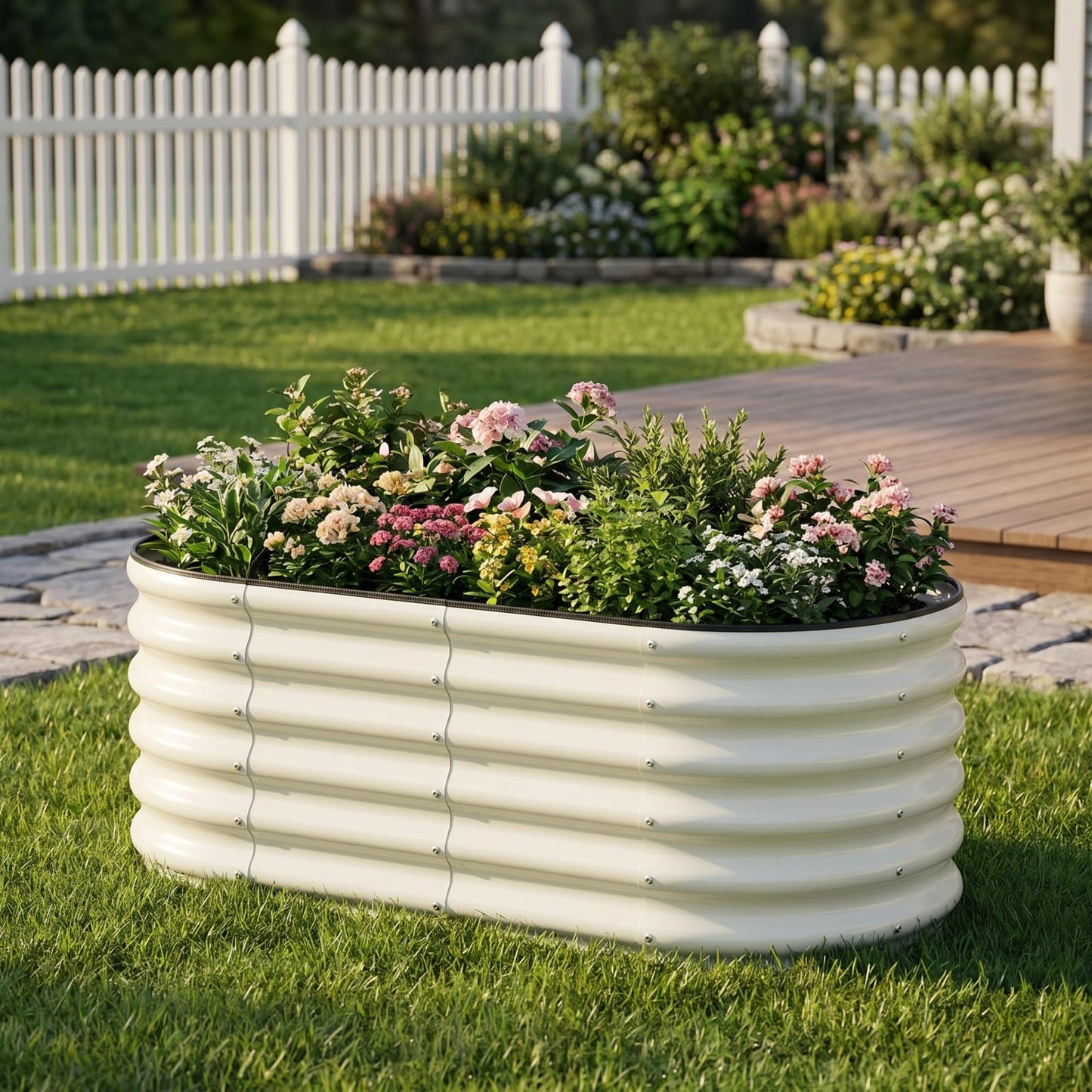 SnugNiture 4x2x1.5ft Raised Garden Bed Outdoor, 17" Tall Galvanized Metal Planter Box, Oval Raised Garden Bed Kit for Planting Vegetables Plants Fruits, Beige White