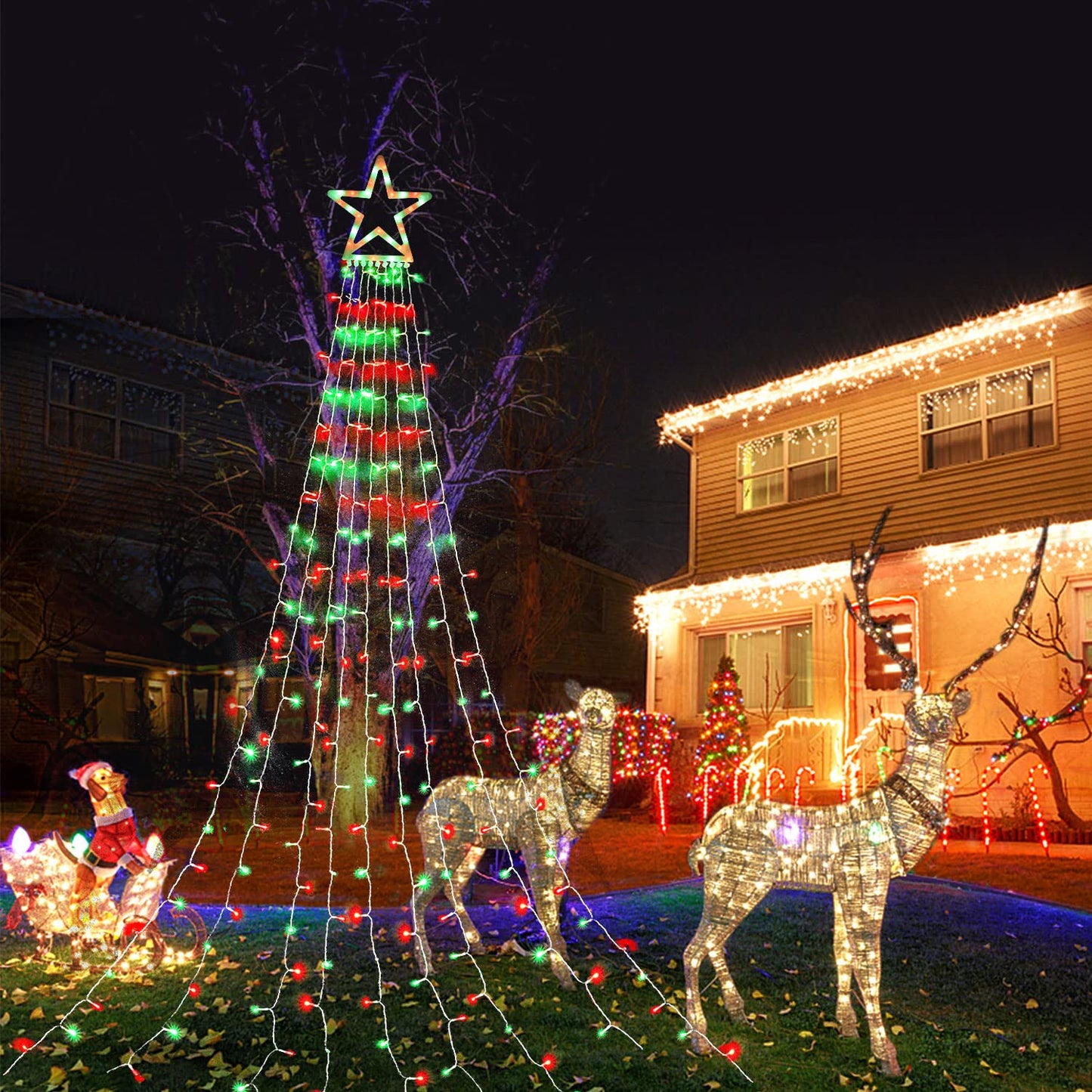 MINIAO Christmas Decorations Star String Lights, 320 LED Waterfall Tree Lights with 13" Topper Star 8 Lighting Modes Indoor Outdoor Decorative for New Year, Holiday, Wedding, Party