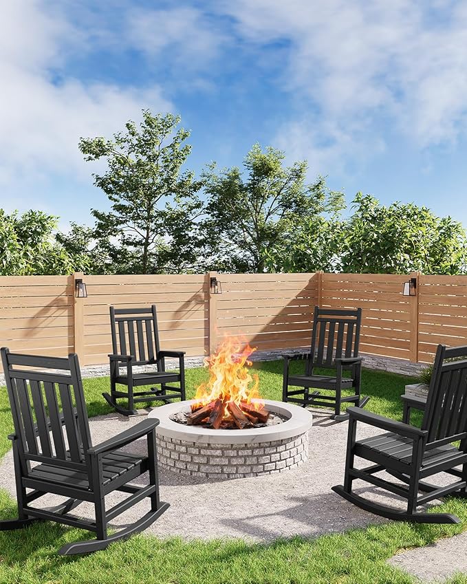 GarveeLife Poly Lumber Rocking Chair Outdoor Set of 4 - HDPE High Back Porch Rocker Chairs for Adults - All Weather Resistant Furniture for Patio - Black