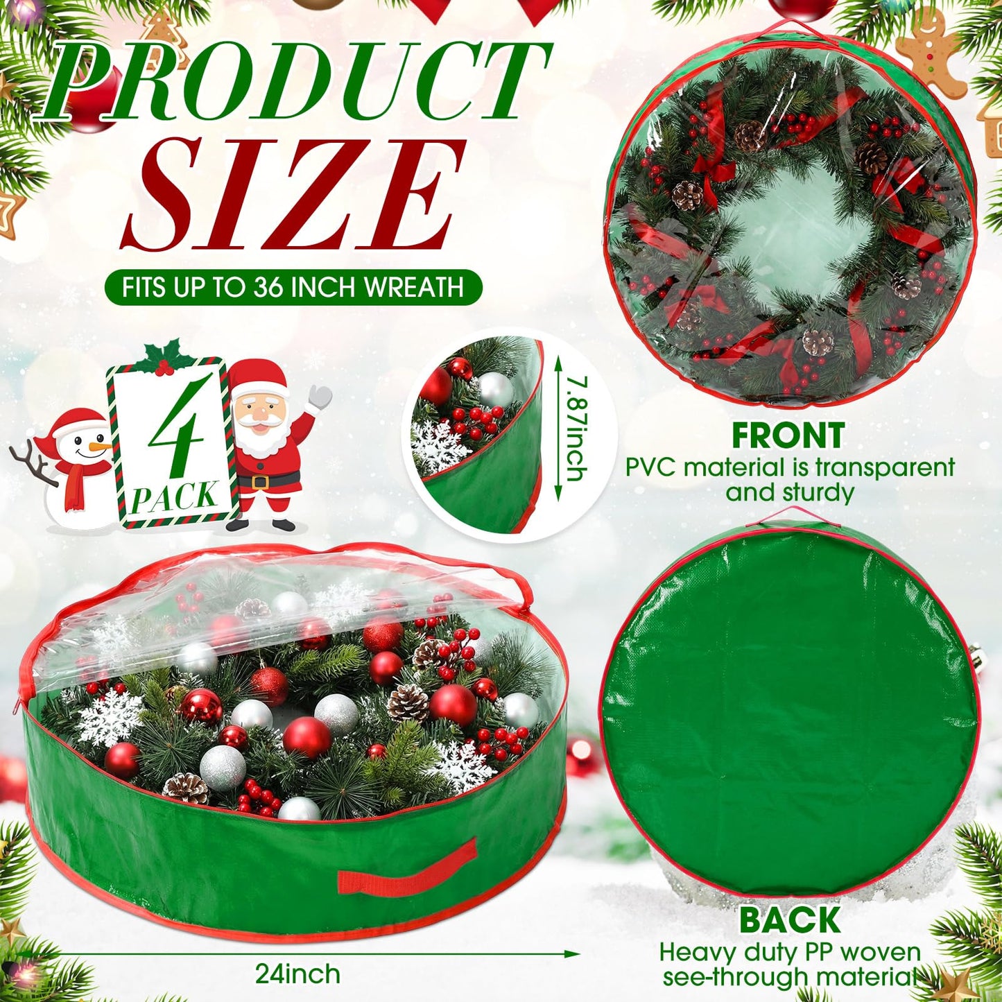 Aliceset 4 Pack Wreath Storage Containers, Ornament Garland Wreath Storage Bags with Handle Zipper Decorative Storages Box for Christmas in July Wreaths(24 x 24 x 7.8 Inch,Light Green)