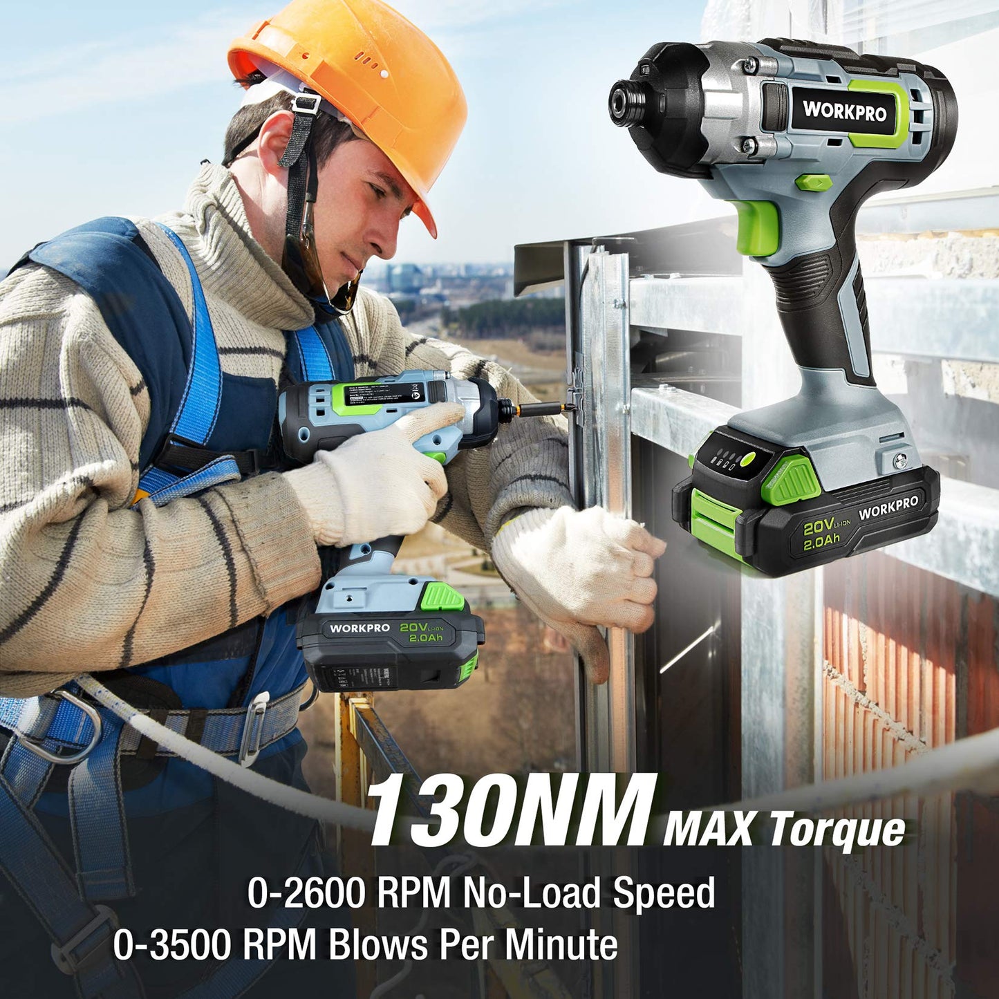 WORKPRO 20V Cordless Compact Drill Driver and Impact Driver, Combi Drill Including 2 x 2.0 Ah Li-ion Batteries, 1 Hour Fast Charger, 6 PCS Twist Drill Bits 10PC Screwdriver Bits