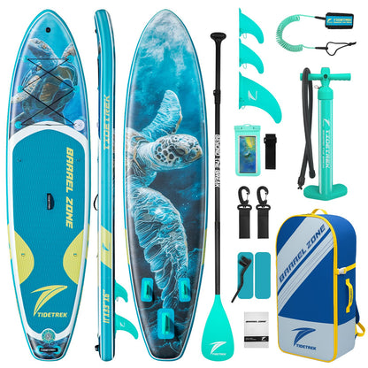 TIDETREK 11'/11'6" x 33"/34" x 6" Inflatable SUP Paddle Board – Extra-Wide, Stable Stand Up Paddle Board with Premium Full Accessory Set for Adults & Youth (Blue Turtle, 11'x33 x6)