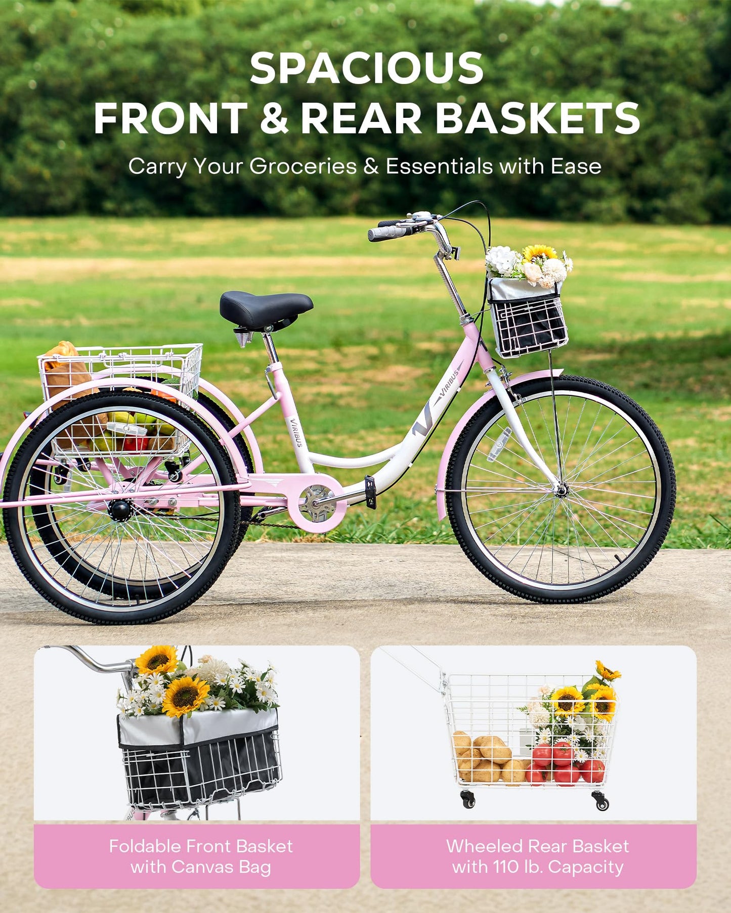 VIRIBUS Adult Tricycles for Women, Single Speed Tricycle for Adults with Front & Rear Detachable Wheeled Baskets, 3 Wheel Bikes for Adults Seniors 1 Speed, 400 lb. Capacity Three Wheeler, 26 in. Pink