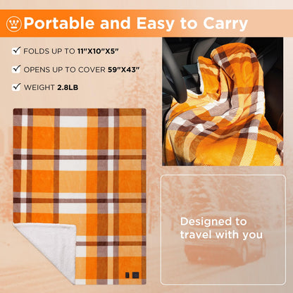 Westinghouse Heated Car Blanket, 12-Volt Electric Blanket for Car, Truck, SUV, RV, Portable Heated Throw for Camping, Grey Buffalo Plaid, 59" x 43”