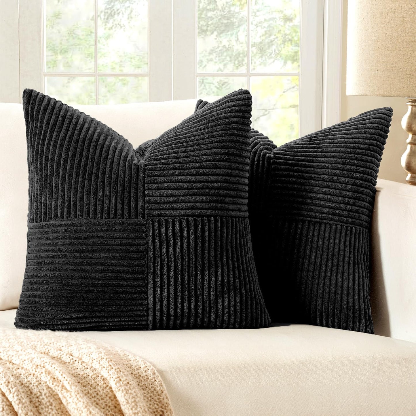 MIULEE Black Corduroy Pillow Covers Pack of 2 Boho Decorative Spliced Throw Pillow Covers Soft Couch Pillowcases Cross Patchwork Textured Cushion Covers for Living Room Bed Sofa 18x18 inch