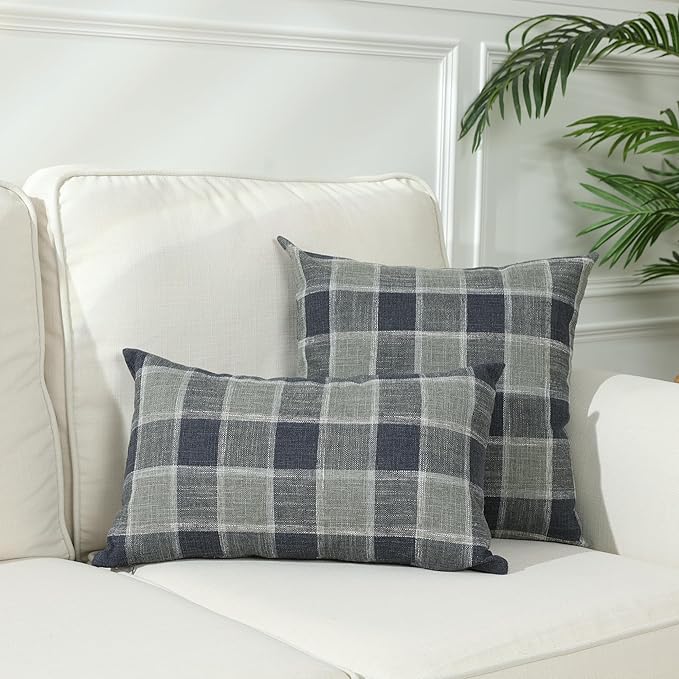 Stellhome Pack of 2 Linen Buffalo Check Throw Pillow Covers, Farmhouse Plaid