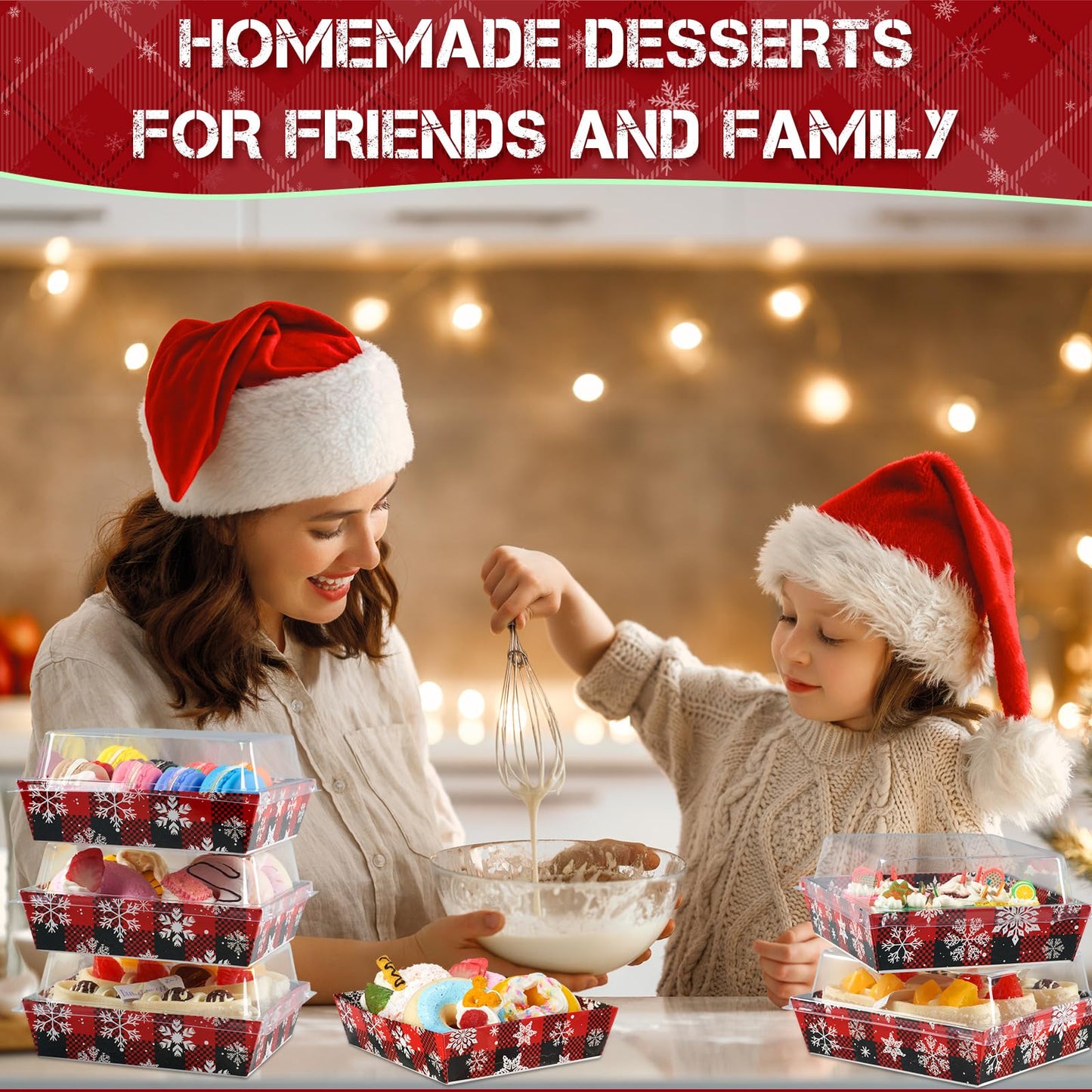 Potchen 100 Pack Christmas Charcuterie Boxes with Clear Lids – Red & Black Plaid Snowflake Design Boxes with Window for Cookies, Candy, and Mini Cakes – Ideal for Gift Giving & Bakery Packaging