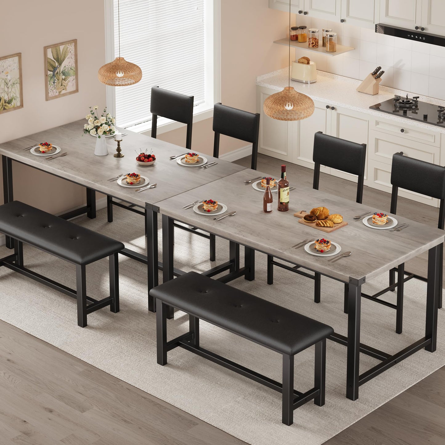 Garvee Wooden Dining Table Set for 4, Kitchen Table and 2 Upholstered Chairs with Bench, Rectangular Dining Room Set, for Small Space, Apartment, Home, Easy Assembly, Retro Gray