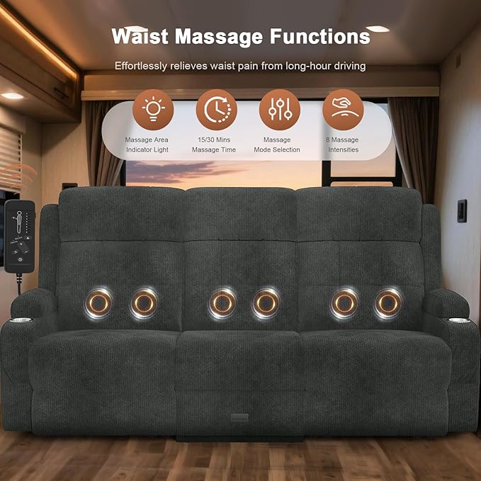 RV Loveseat Recliner Sofa, Massage Wall Hugger 3-Seater Recliners Couch