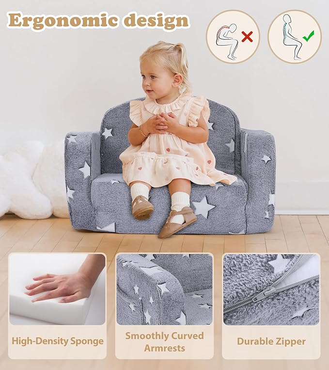 Kids Couch, 2-in-1 Soft Toddler Couch Fold Out