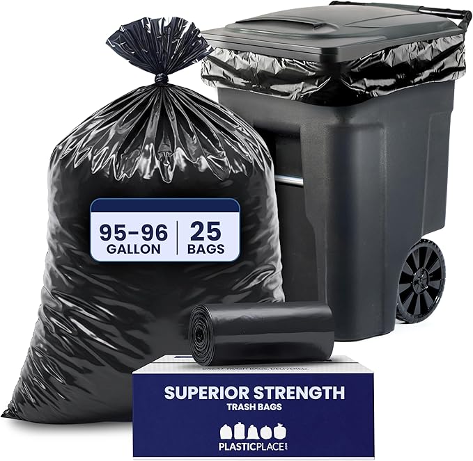 Plasticplace 95-96 Gallon Garbage Can Liners Heavy Duty 1.5 Mil Black Trash