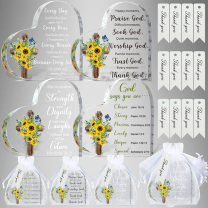 12 Set Acrylic Christian Gifts Inspirational Bible Verse Gifts Set Include 12 Sunflower Heart Paperweight 12 Organza Bags 12 Thank You Cards Scripture Religious for Women Men Christmas