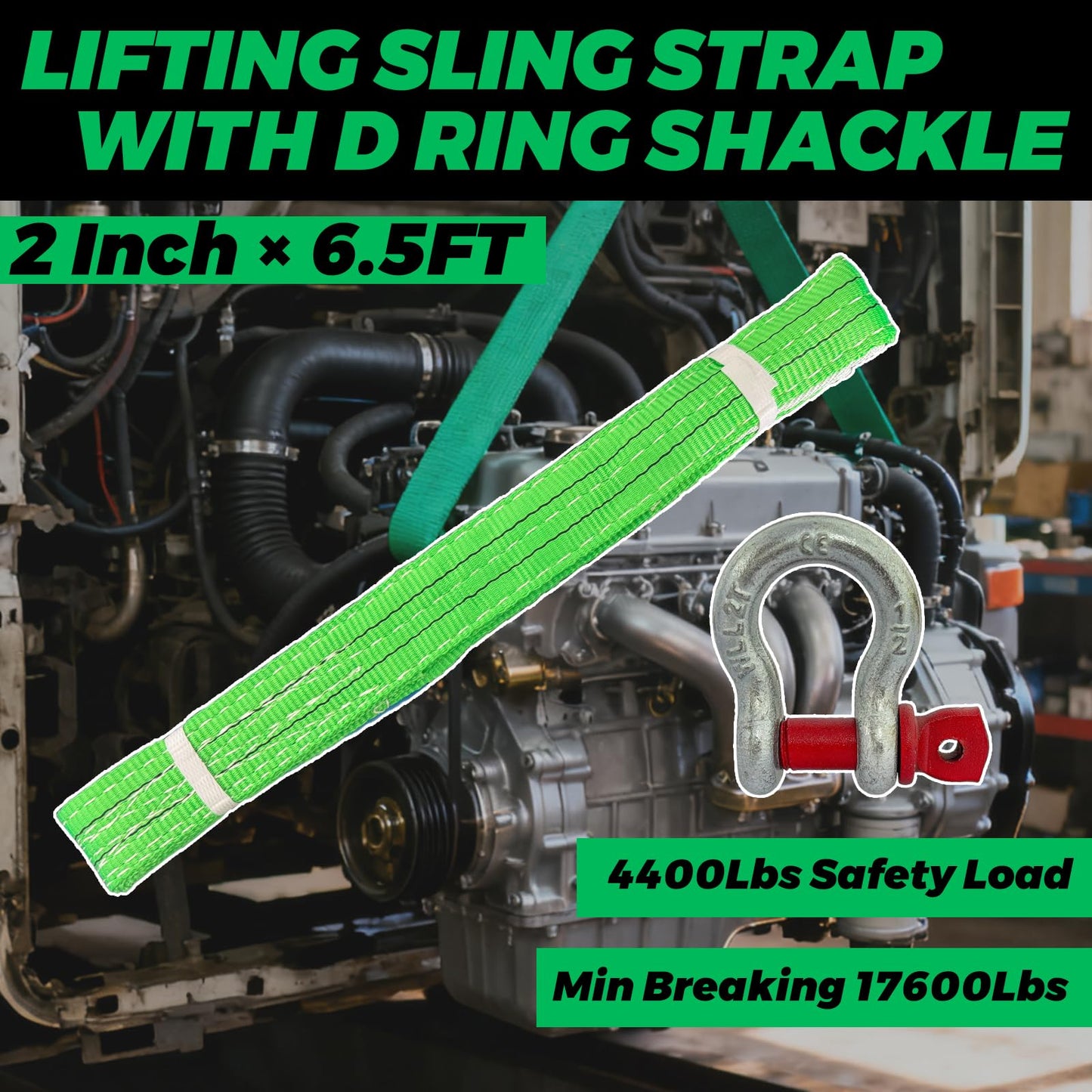HENBOW Lift Sling Straps|2" × 6.5' Web Sling Strap with D Ring Shackles|4400Lbs Safety Work Load and 17600Lbs Breaking Load| Recovery Strap for Hoist Car Tree Saver Winch Recovery(2 Pack)