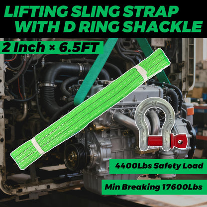 HENBOW Lift Sling Straps|2" × 6.5' Web Sling Strap with D Ring Shackles|4400Lbs Safety Work Load and 17600Lbs Breaking Load| Recovery Strap for Hoist Car Tree Saver Winch Recovery(2 Pack)