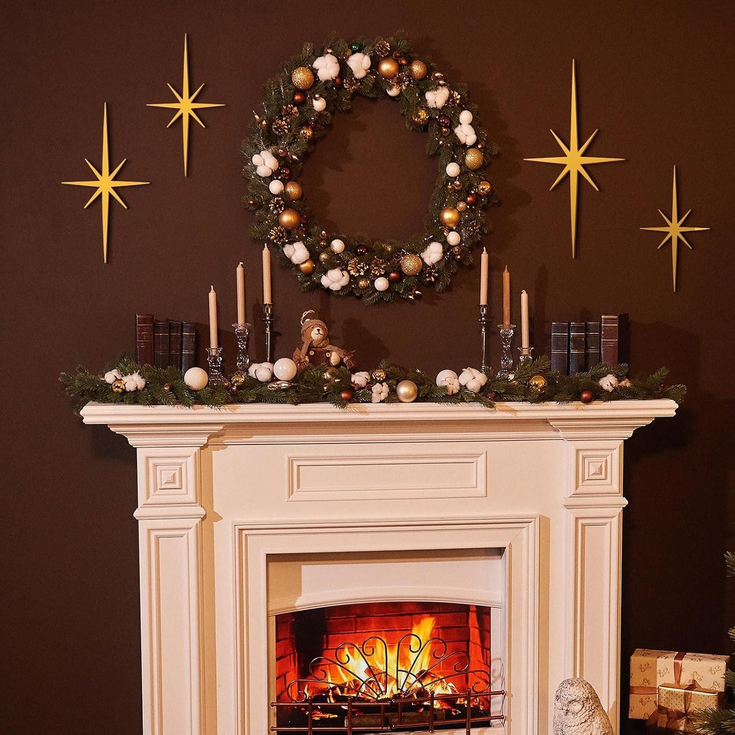 WOPARTY Mid Century Modern Black Starburst Wall Decor, 4 Piece Cast Metal Art Set, 8 Pointed Atomic Stars, Retro Home Decor, Multiple Sizes 13.7 * 7inch to 3.94 * 2.2inch (Gold)
