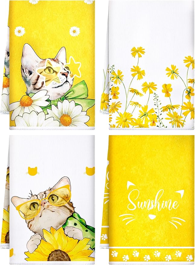 Bencailor 4 Pcs Cat Kitchen Towels Yellow Floral Cute Kitty Hand Dish Towels
