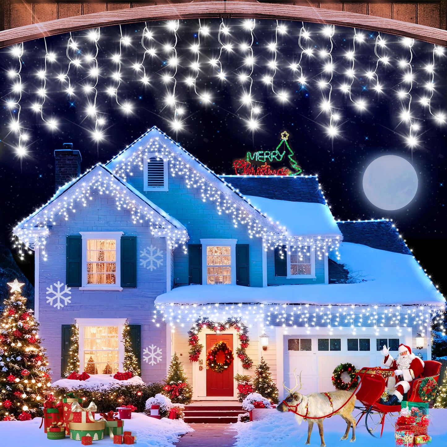 JREWDOIN 131FT Christmas Lights Outdoor 1440 LED Christmas Decorations Waterproof Plug in with 8 Modes & Timer Christmas Lights for Roof Party Garden Holiday Decor (Cool White)