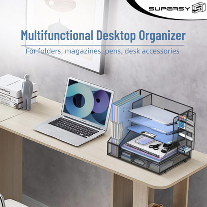 SUPEASY Desk Organizer with File Holder, 5-Tier Mesh Paper Letter Tray and 3 Tilted File Sorter for Office Supplies, Black