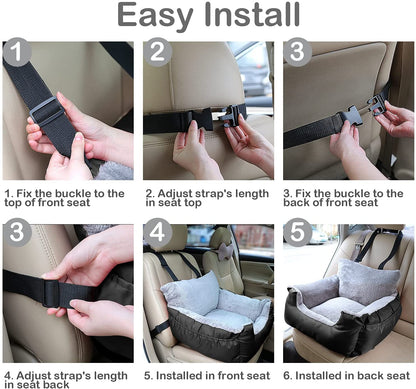 GoFirst Dog Car Seat for Small Dogs or Cats, Pet Booster Seat Travel Car Bed with Storage Pocket and Clip-On Safety Leash, Waterproof Warm Plush Dog Car Safety Seats,Black