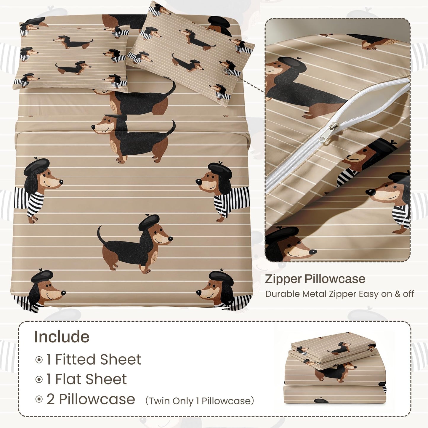 Dachshund King Sheet Set Boys Puppy Flat Fitted Sheet Sets, Cream