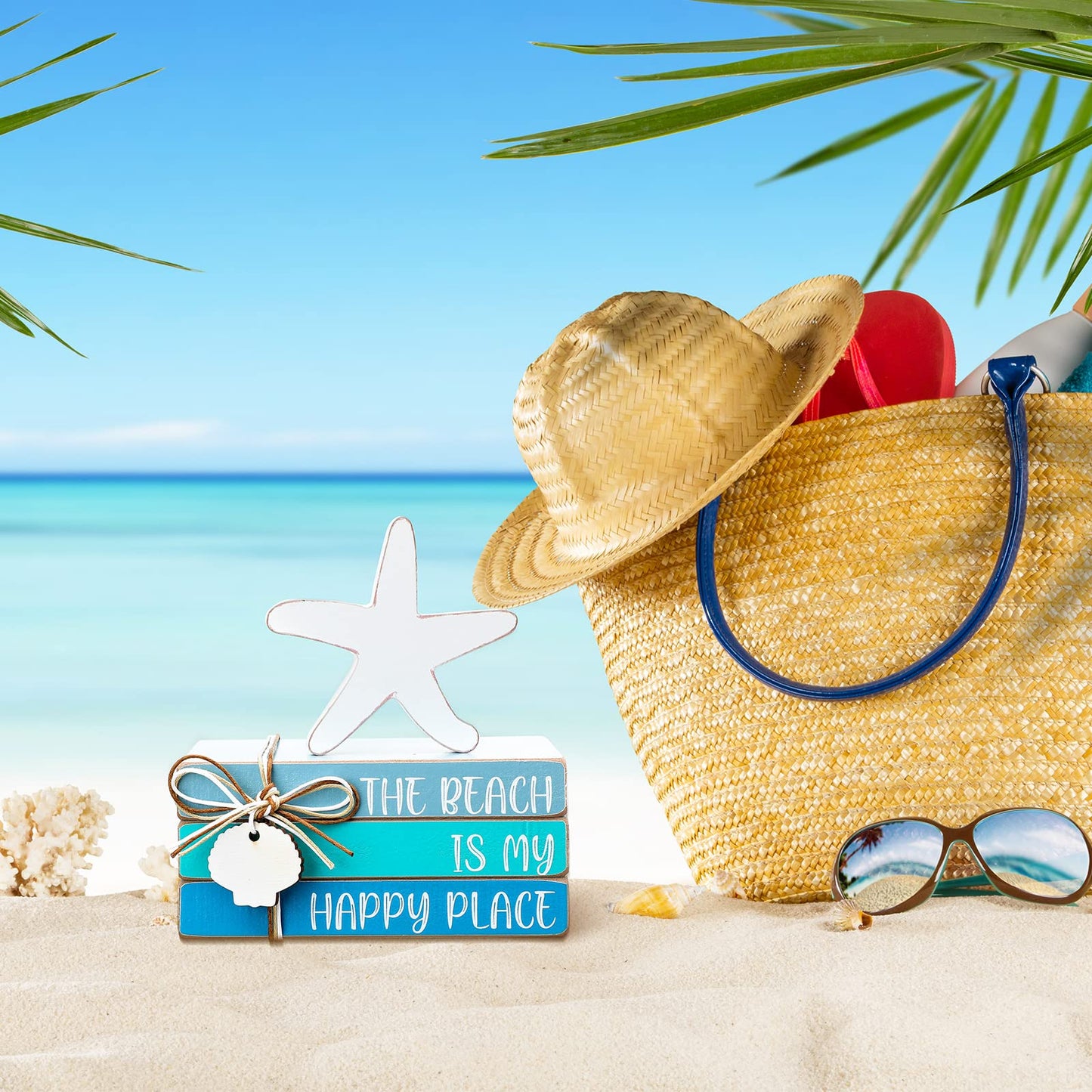 Pinkunn 4 Pcs Summer Table Coastal Theme Decorations Wooden Beach Starfish Stacked Book Sign Nautical Tiered Tray Signs & Plaques for Tabletop Shelf Mantel Office Beachy Room Decor