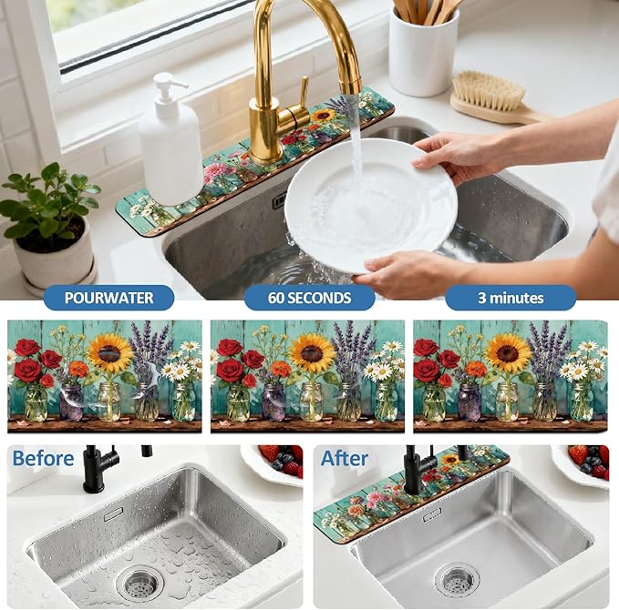 2 Pcs Kitchen Sink Splash Guard Faucet Mats Colored Glass Vases