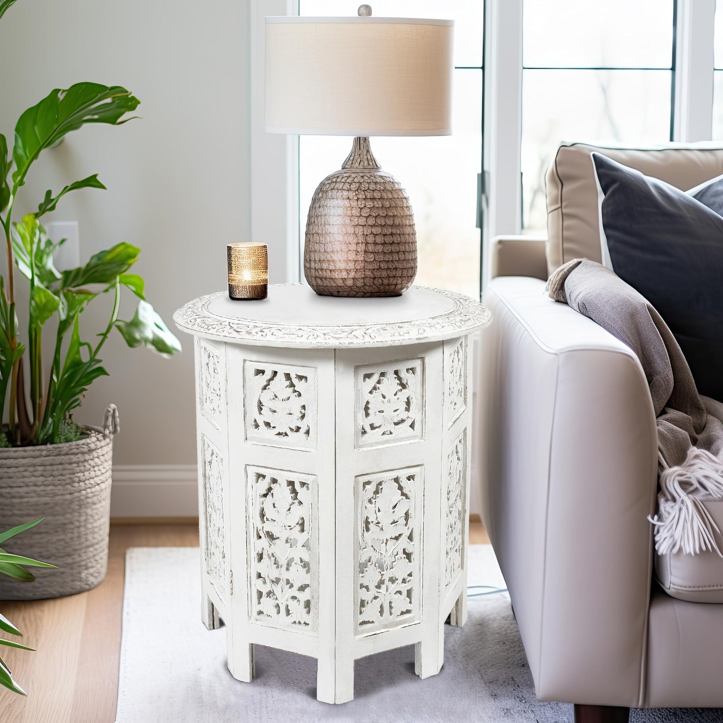 COTTON CRAFT Solid Wood Accent End Table - Hand Carved Vintage Boho Folding Side Table - Small Spaces Entryway Farmhouse Living Room Bedside - No Tools Assembly -18x18 Round - Jaipur Antique White