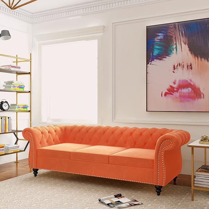 ORRD 2 Piece Living Room Set, Velvet Chesterfield Sofa Loveseat Couch