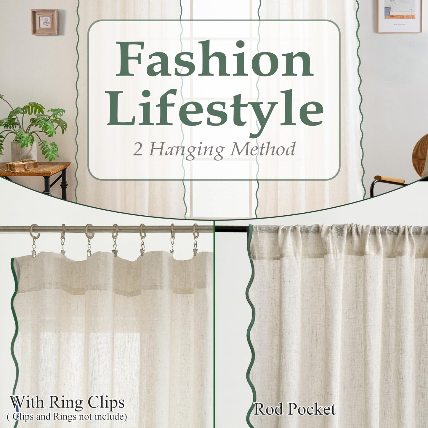 DriftAway Semi Sheer Scalloped Edge Linen Coastal Beach Window Curtains for Living Room Bedroom 2 Panels Rod Pocket Each Size 52 Inch by 96 Inch Loden Green