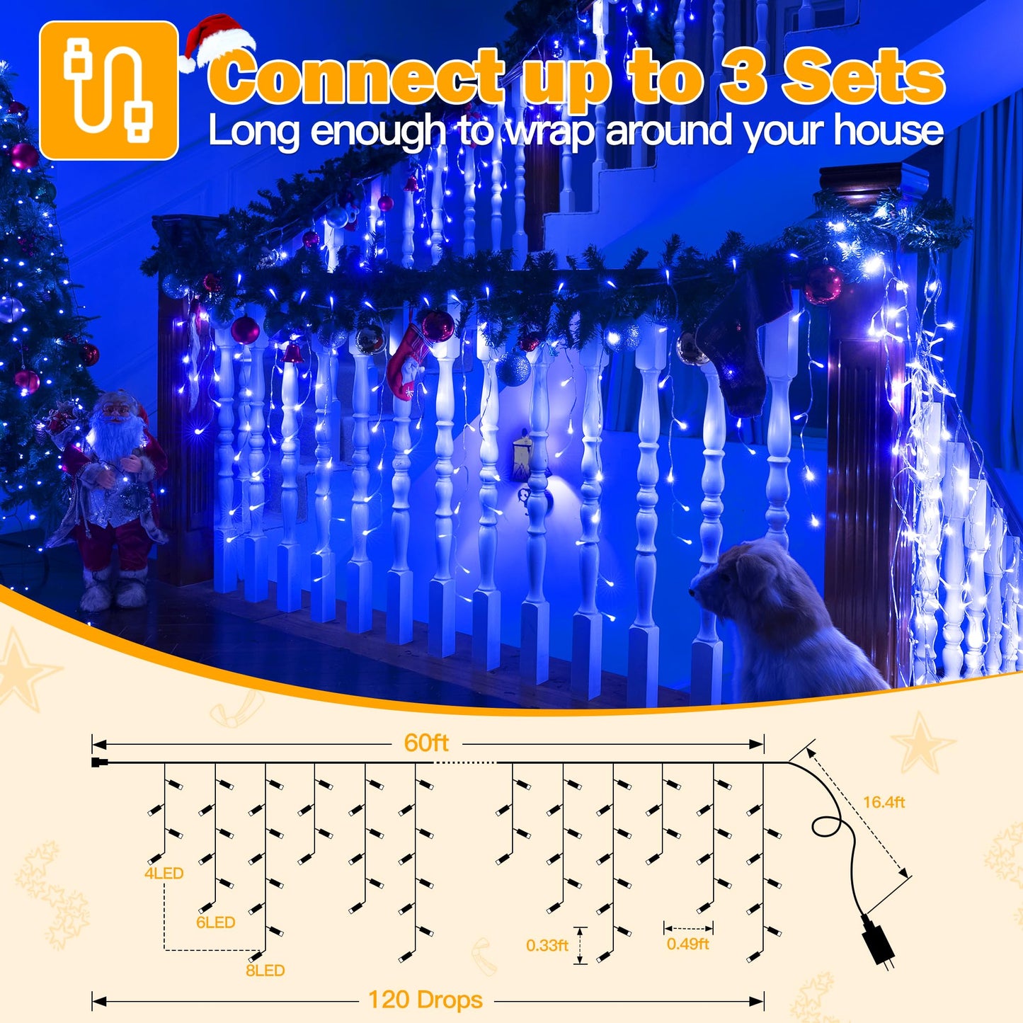 Ollny Icicle Lights for Outside 720LED 60FT, Blue Christmas Lights with Remote 8 Modes Dimmable, Waterproof Connectable Timer Hanging Light for House Outdoor Yard Indoor Decorations