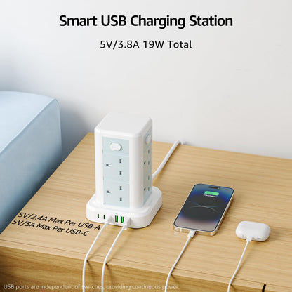 Tower Extension lead with USB Slots, Toomke 8 Way (13A/3250W) Plug Extension Socket Tower with 3 USB C and 3 USB A, Overload Protection Extension Cord with 4 Independent Switches, Power Cord 1.8M