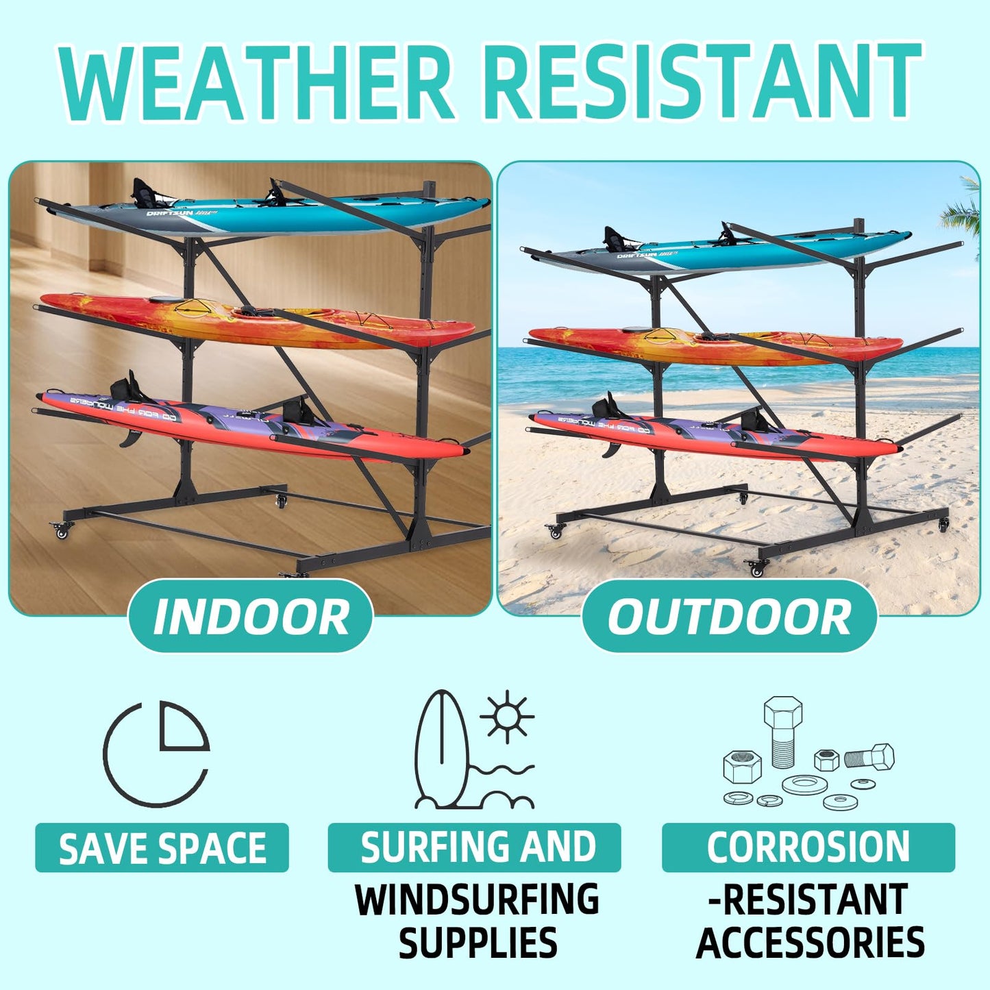 GCCSJ Kayak Storage Rack, 3-Leves Freestanding Kayak Stand with Wheels, Adjustable Canoes and Surfboards Bracket for Garage and Outdoor Kayak Racks