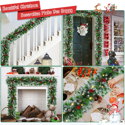 Christmas Garland with Lights - 9FT Pre-Lit Flocked Garland with 30 LED Bulbs, Red Berries, Pine Cones, Artificial Pine Battery Operated Garland for Fireplace, Staircase, Indoor & Outdoor Decoration