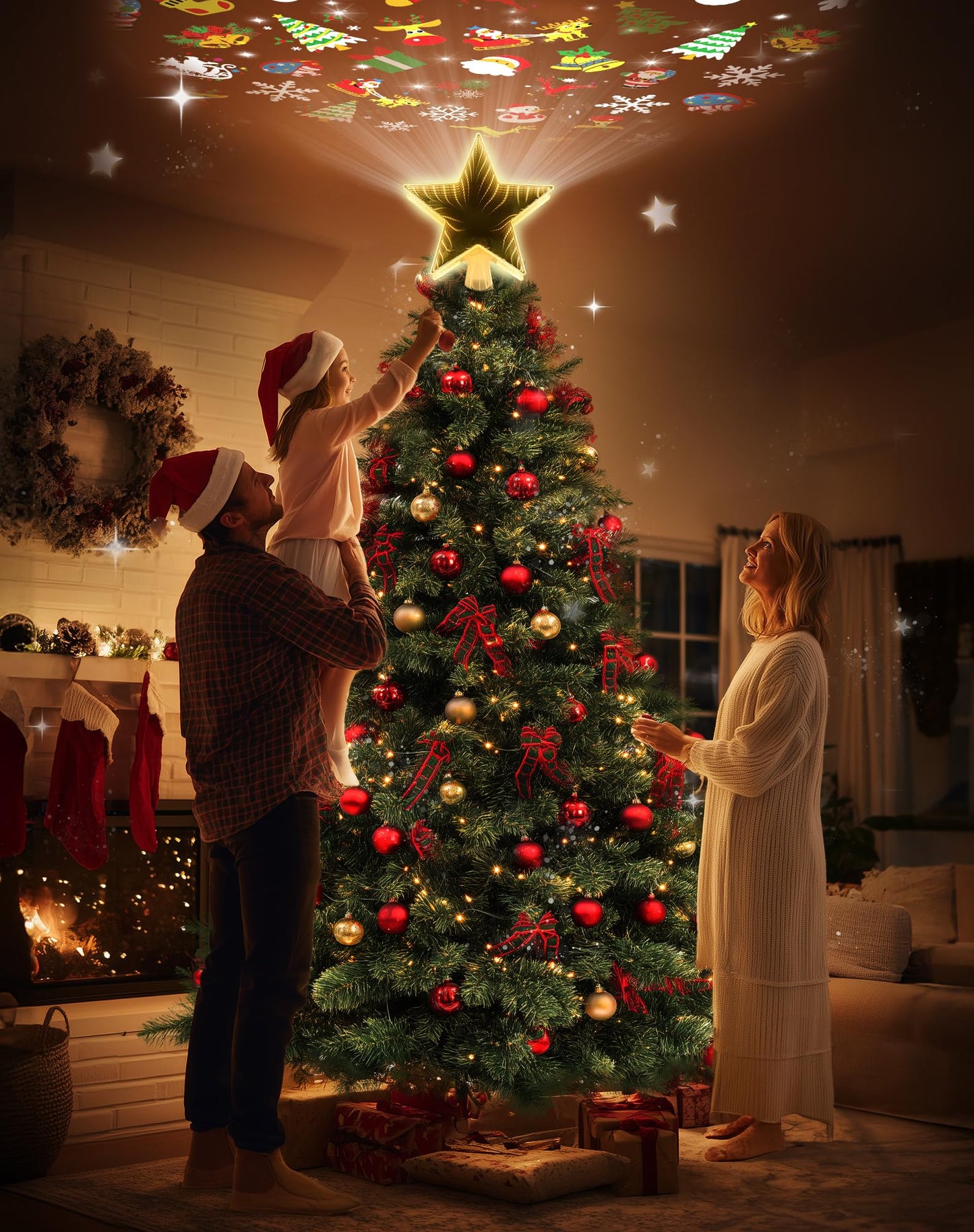 Christmas Tree Topper with 6 Projection Modes, Christmas Star Tree Topper with Built-in Rotating Projector, 104 LED Warm Lights 3D Tunnel Dynamic Lighting Effect Christmas Tree Decoration