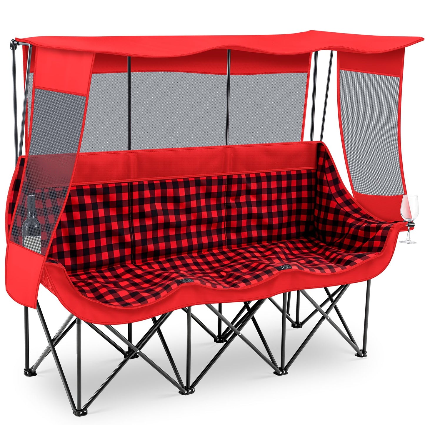 Teenyyou 3 Person Camping Chair with Canopy – Ultimate UV Sun Protection, 700lbs Heavy Duty Oversized Beach Chair, Foldable Portable Sofa with Cup Holder & Storage for Beach Lawn Outdoor(Red Black)