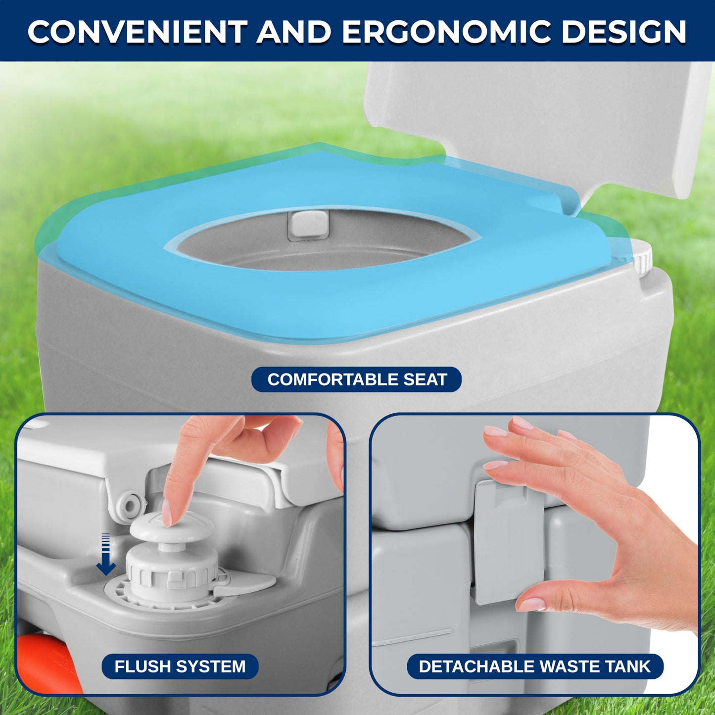 SereneLife 5.2 Gal Portable Camping Toilet For Adults, 100+ Flushes, Porta Potty Camp Toilet with Detachable Waste Tank, Level Indicator, Carry Bag, Suitable for Camping, Hiking, and Boating