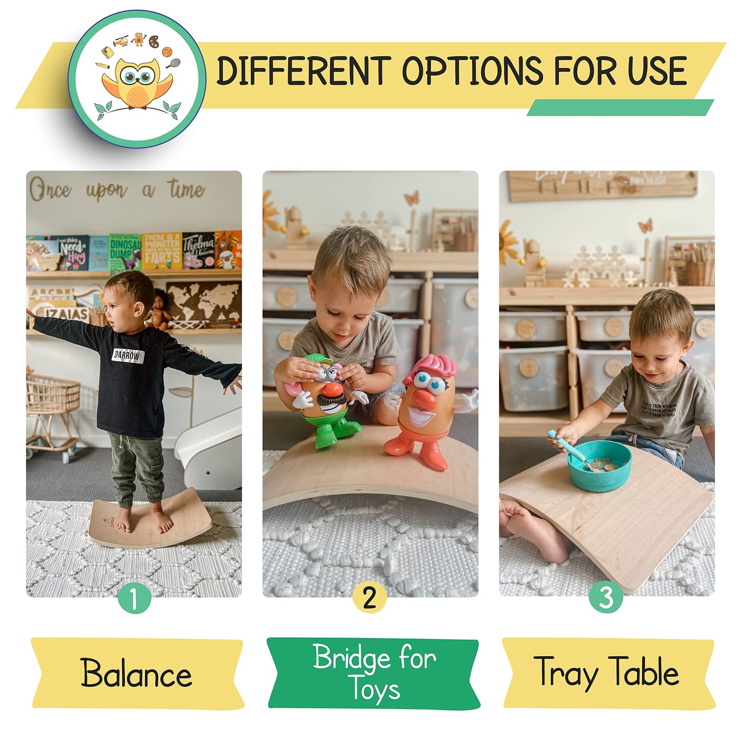 DaWikity Kids Balance Board - Wooden Wobble Board for Kids - Compact Balancing Trainer - Poplar Core - Eco-Coating - Sensory Motor Development - Core Strengthening - 17x12x3", Up to 480 lbs Capacity
