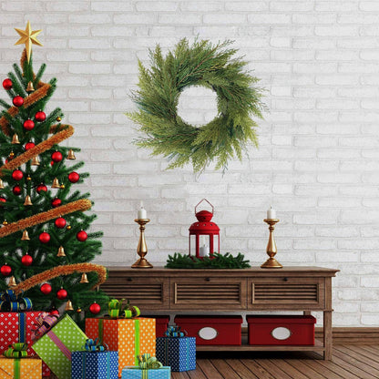 BINFEN 20” Green Faux Norfolk Pine Christmas Winter Wreath – Mixed with Real Touch Fake Cypress, Cedar & Spruce, Xmas Wreaths for Front Door Porch Mantel & Fireplace