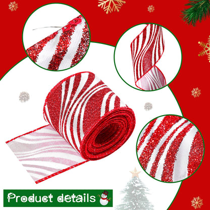 2 Rolls 2.5 Inch x 6 Yards Christmas Red and White Ribbon Christmas Candy Cane Wired Edge Ribbons DIY Craft for Xmas Tree Decorations Wreath Bows Making Gift Wrapping(Arcuate Stripes)