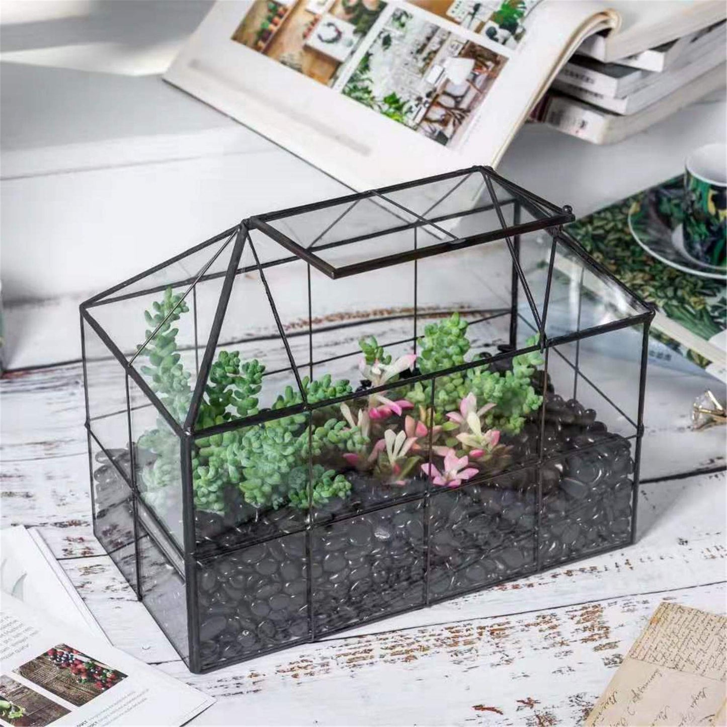 NCYP Glass Terrarium Planter with Lid for Small Succulent Plants, Grid House Shape Black Geometric Terrarium Pot, Home Garden Indoor Tabletop Decor, 9.84" x 5.31" x 7.87" (No Plants)