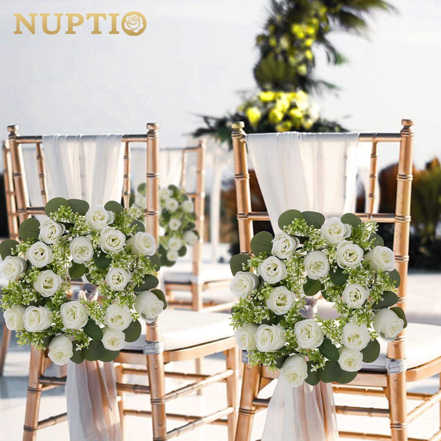 NUPTIO Flower Wedding Centerpieces for Tables - 10 Pcs 14 inch Diam Large White Artificial Flowers Fake Roses Candle Rings Wreaths Spring Summer Wreath for Front Door Weddings Party Ceremony Decor
