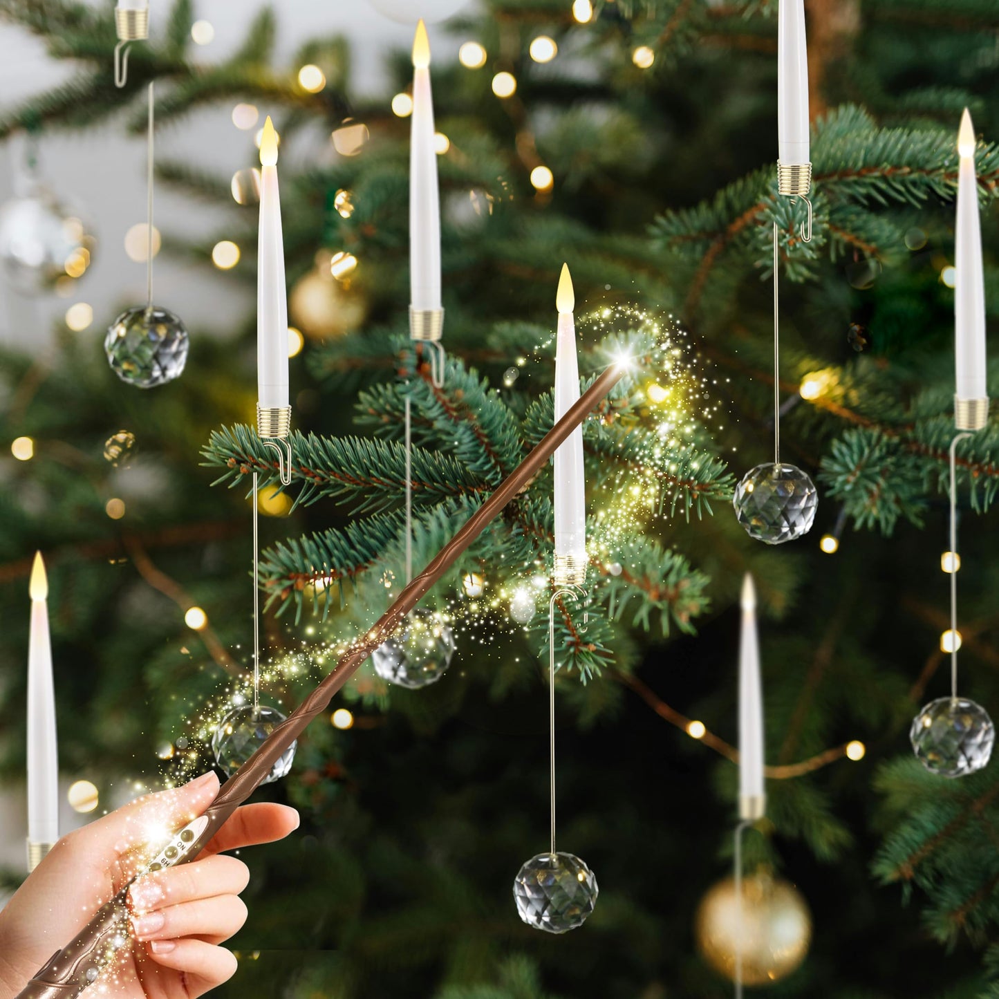 LUSHARBOR Flameless Candles for Christmas Tree, Magic Wand Christmas Tree Candles with Remote Battery Operated Fake Candles for Christmas Wedding, Set of 10