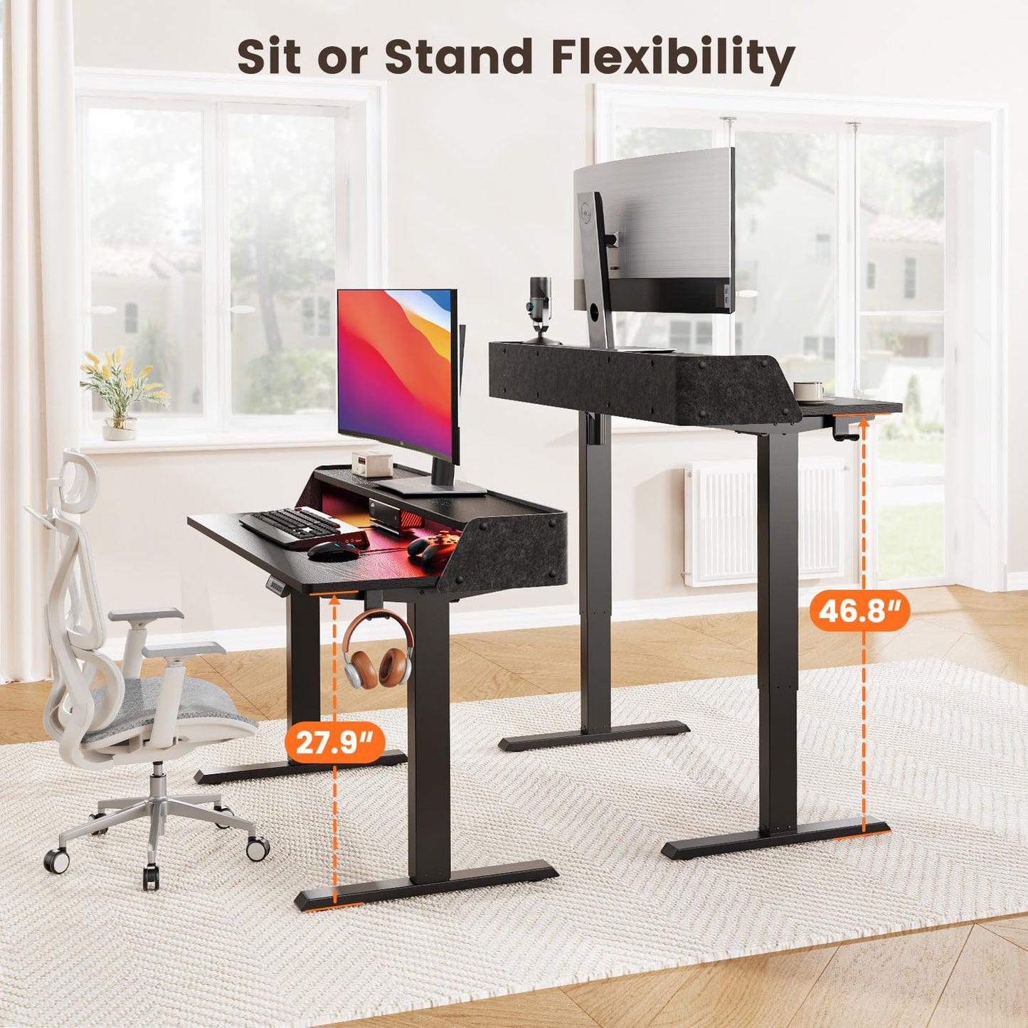 ErGear Standing Desk with LED Strip, 48″ x24″ Electric Height Adjustable RGB Gaming Desk with Shelf, Sit Stand Desk with Dual Cable Holes, C-Clamp Mount Compatible, 4 Preset Heights, Black