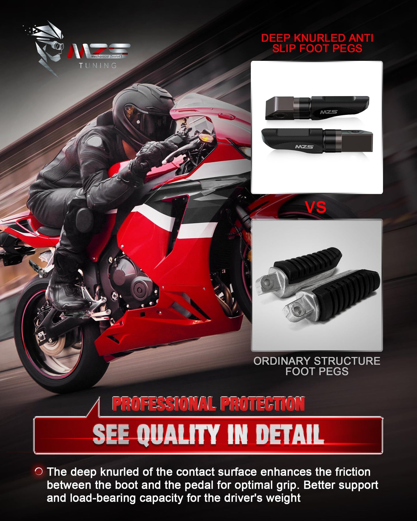 MZS Motorcycle Rear Foot Pegs Compatible with CBR600RR CB1000R 03-26 / CBR1000RR 04-16 / CBR600F F4I RVT1000R RC51 CBR954RR CBR929RR 00-06, Adjustable Sport Footpegs Passenger Footrest CNC Black