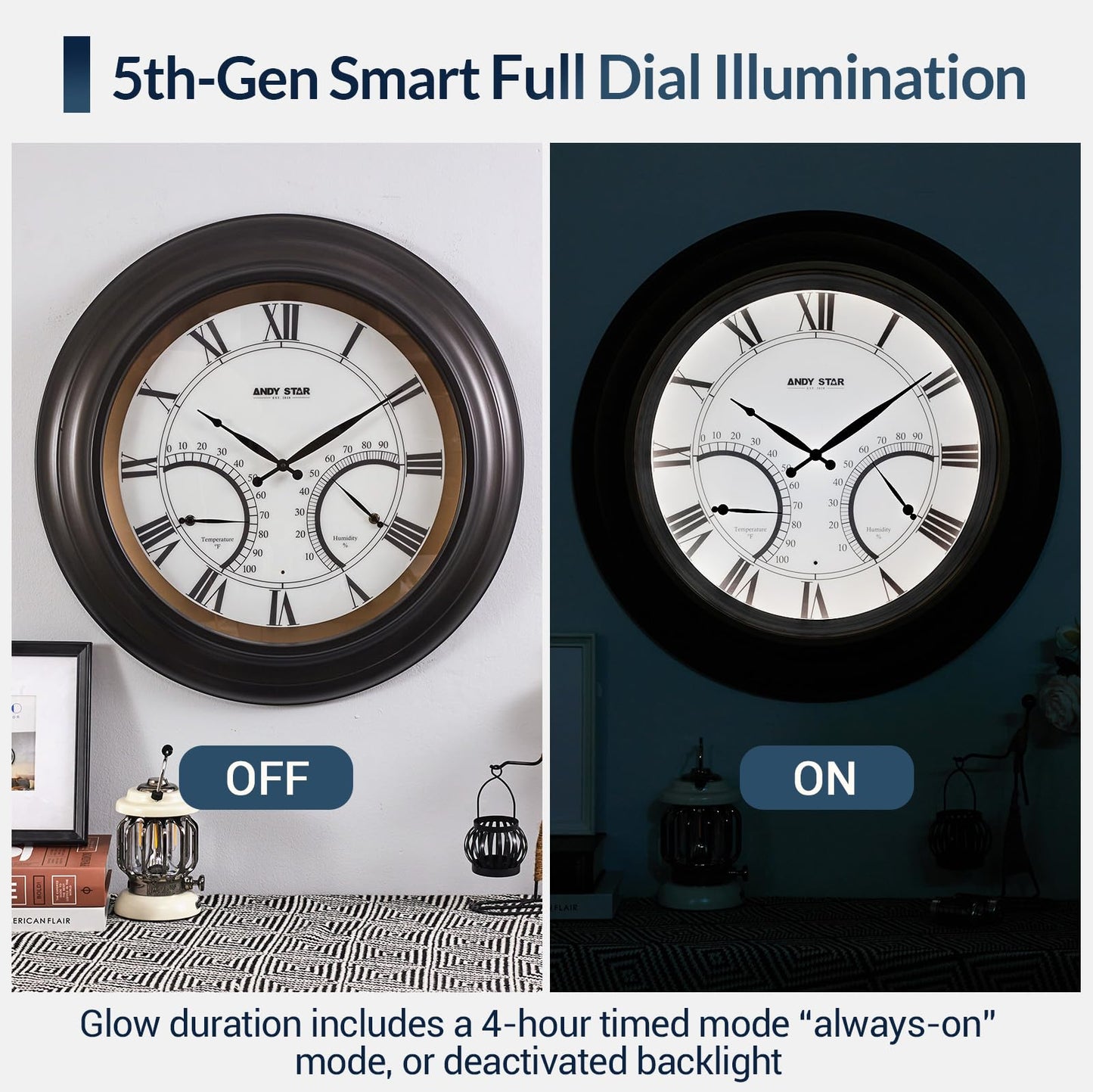 ANDY STAR 24 Inch Outdoor Clocks Waterproof,Large Outdoor Wall Clocks for Patio with Thermometer, Weatherproof Illuminated Clock Battery Operated with Thermometer&Hygrometer,Oil Rubbed Bronze Black