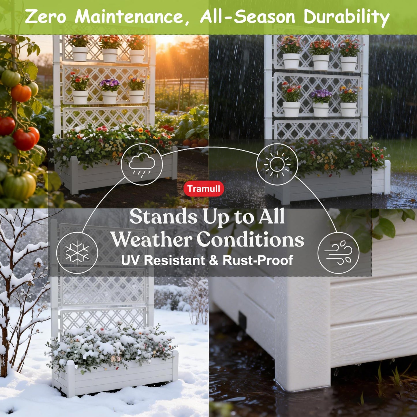 Tramull 5' Tall Raised Garden Bed with Trellis, Self Watering Planter Box for Outdoor Climbing Plants Resin Garden Lattice for Vegetables, Flowers, Tomato & Vine with Drainage Holes (Ashen, 1 PC)