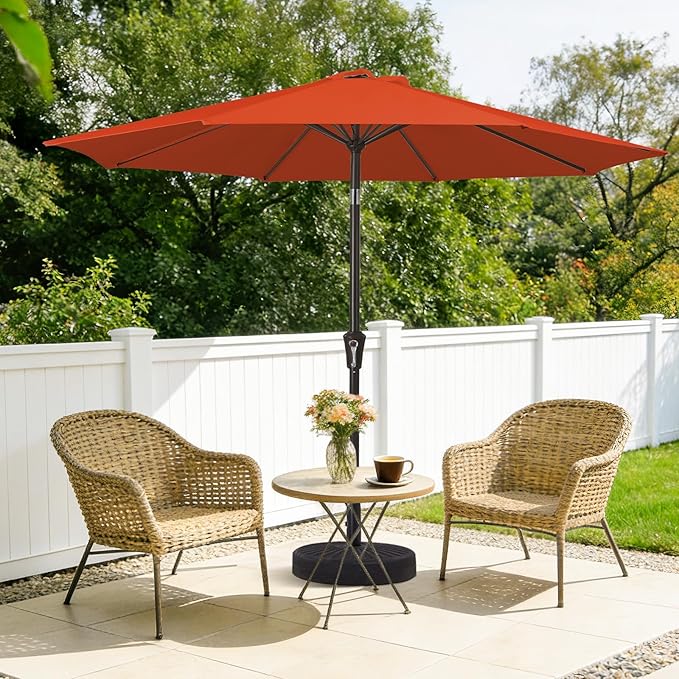 MEWAY 9ft Patio Umbrella Outdoor Table Umbrellas with Push Button Tilt and Crank, Market Umbrella 8 Sturdy Ribs for Deck, Garden, Pool and Backyard, Orange