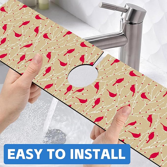Christmas Cardinal Birds Kitchen Sink Splash Guard Mat Absorbent Fast Drying